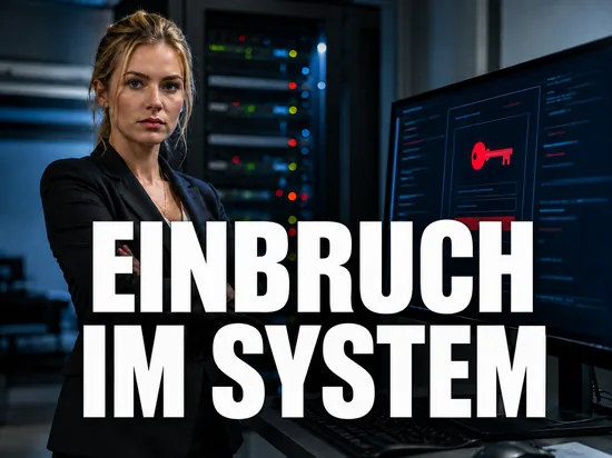 Blonde Geschaeftsfrau im Serverraum vor einem Monitor mit Login-Fenster und Schluessel-Symbol, Schriftzug Einbruch im System