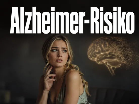 Junge blonde Frau blickt nachdenklich, im Hintergrund ein zerfallendes Gehirn-Symbol als Hinweis auf ein erhoehtes Alzheimer-Risiko