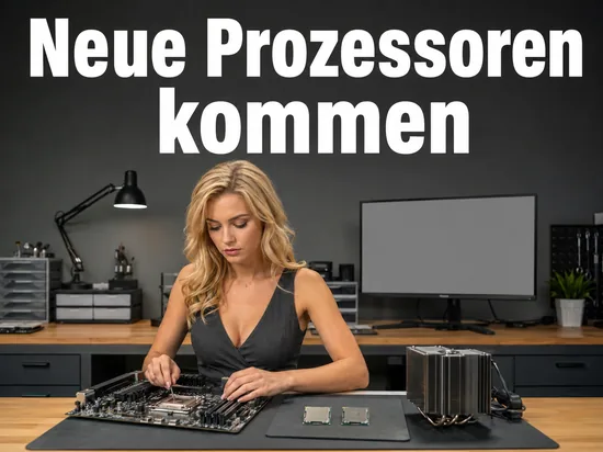 Frau setzt einen Prozessor auf ein Mainboard, daneben Kühlkörper und zweite CPU