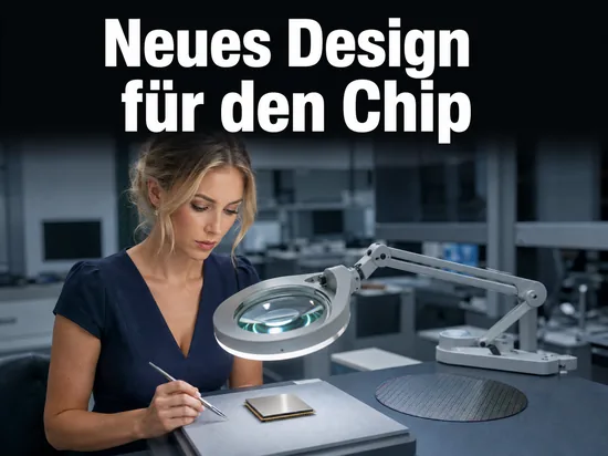 Frau im Labor untersucht einen Prozessor unter einer Lupe