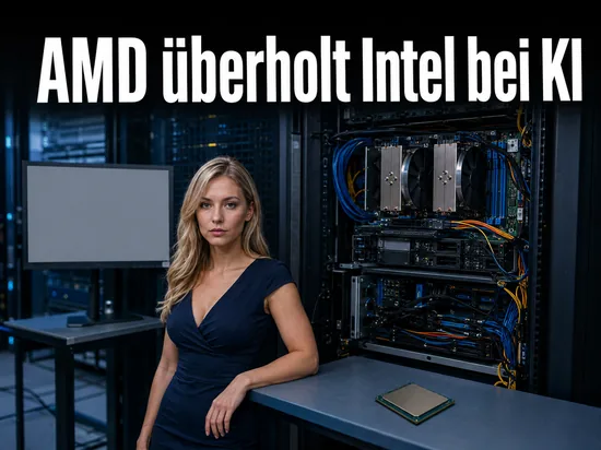 Frau vor einem offenen Serverschrank im Rechenzentrum mit Prozessor