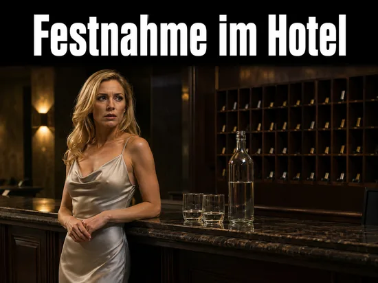 Frau in einer leeren Hotellobby an der Rezeption mit Glaesern und Flasche: Festnahme wegen Verdachts auf Sex mit einer Minderjaehrigen