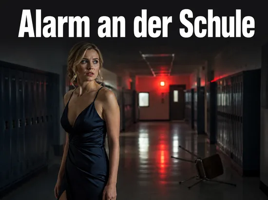 Frau in einem leeren Schulflur mit roter Alarmleuchte: Amokalarm an einem Gymnasium in Sankt Augustin