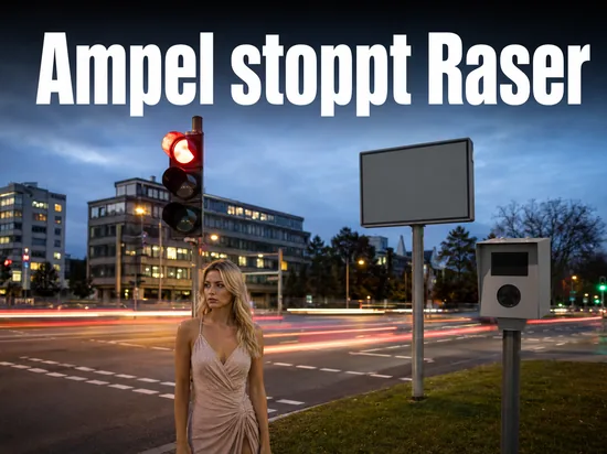 Rote Ampel an einer Kreuzung in der Daemmerung mit Radarmessgeraet und Lichtspuren