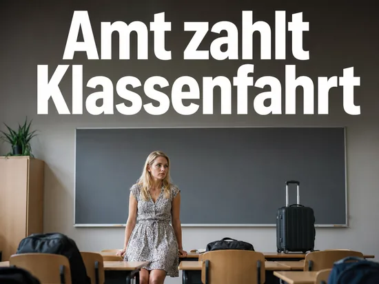 Leerer Klassenraum mit Schulbaenken, Tafel und Reisekoffer