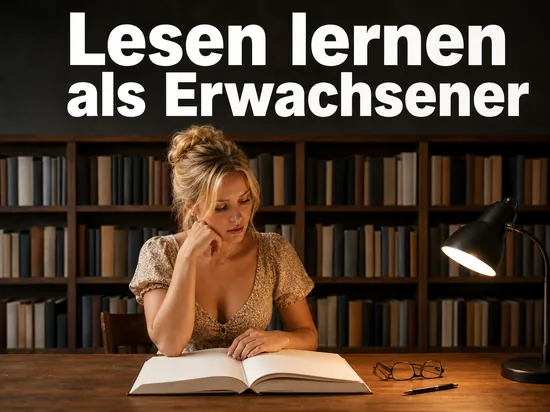Frau liest ein Buch an einem Tisch vor einem Bücherregal
