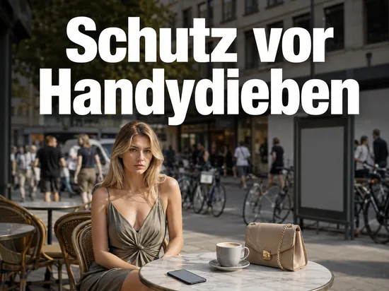 Smartphone auf einem Cafétisch in der Innenstadt neben Kaffeetasse und Handtasche