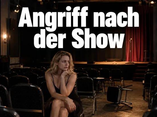 Frau sitzt in einem leeren Kabarett-Saal, im Hintergrund die Buehne mit einer Mikrofonstange
