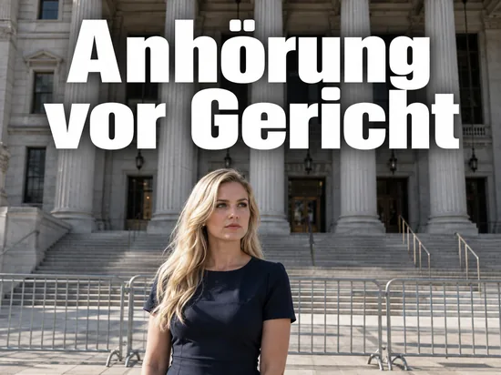 Frau steht vor der Freitreppe eines Gerichtsgebäudes hinter Absperrgittern