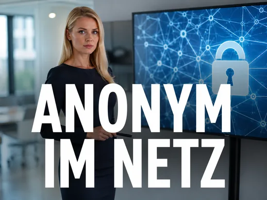 Geschaeftsfrau vor Bildschirm mit Netzwerk-Knoten und Vorhaengeschloss als Symbol fuer anonymes Filesharing