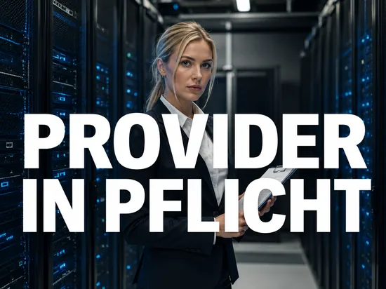 Blonde Geschaeftsfrau mit Klemmbrett in einem Serverraum, Schriftzug Provider in Pflicht