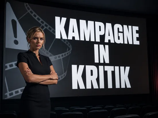 Kritisch blickende blonde Frau in einem Kinosaal vor einer Leinwand mit Warnhinweis und Filmstreifen als Symbol für die umstrittene Antipiraterie-Kampagne
