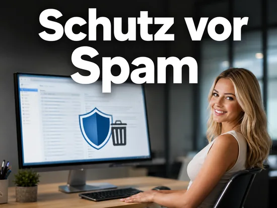 Geschaeftsfrau vor einem Monitor mit Posteingang, Schutzschild und Papierkorb als Symbol fuer ein neues Tool gegen Spam