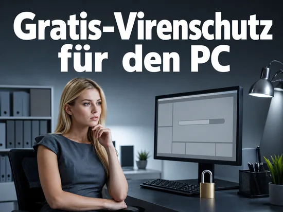 Monitor mit laufendem Scan-Fortschrittsbalken und Vorhaengeschloss als Symbol fuer einen kostenlosen Virenscanner