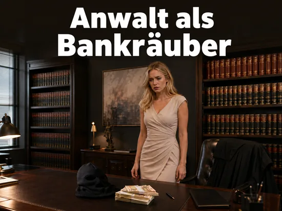 Frau in einer Anwaltskanzlei mit Sturmhaube und Geldbuendeln auf dem Schreibtisch: Rechtsanwalt raubte elf Banken aus