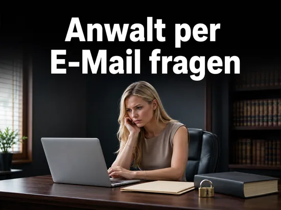 Frau am Laptop in einer Kanzlei neben Akte und Vorhaengeschloss, Schriftzug Anwalt per E-Mail fragen