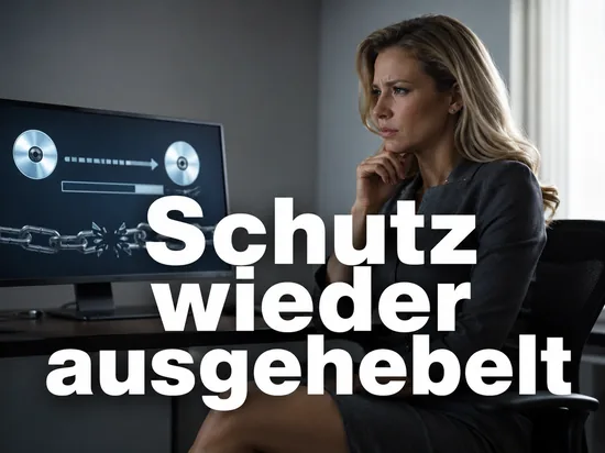 Geschaeftsfrau vor einem Monitor mit Kopiervorgang zwischen zwei Disc-Symbolen und zerbrochener Kette als Symbol fuer einen ausgehebelten DVD-Kopierschutz