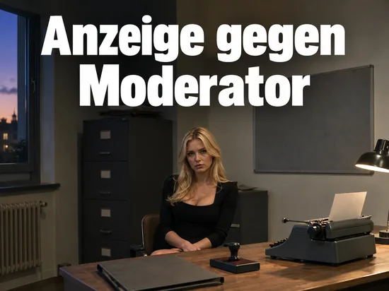 Frau sitzt an einem Schreibtisch in einem Polizeirevier, davor eine Schreibmaschine und ein Aktendeckel