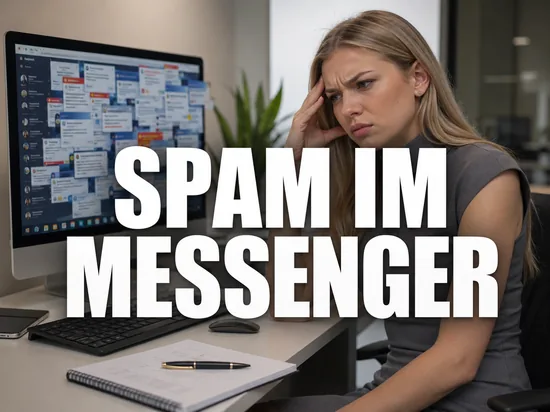 Blonde Geschaeftsfrau blickt genervt auf Monitor mit von Werbenachrichten ueberflutetem Chatfenster, Schriftzug Spam im Messenger