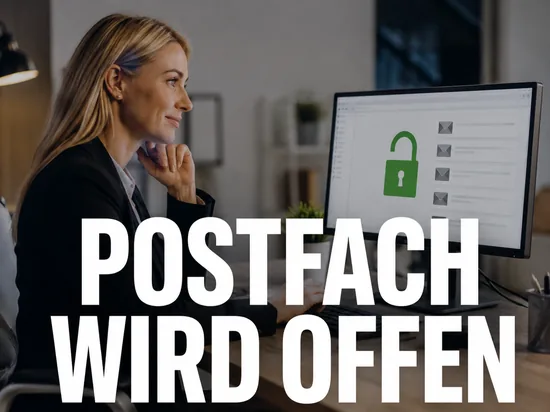 Blonde Geschaeftsfrau vor einem E-Mail-Programm mit gruenem offenem Schloss, Schriftzug Postfach wird offen