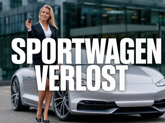 Blonde Geschaeftsfrau haelt einen Autoschluessel neben einem silbernen Sportwagen, Schriftzug Sportwagen verlost