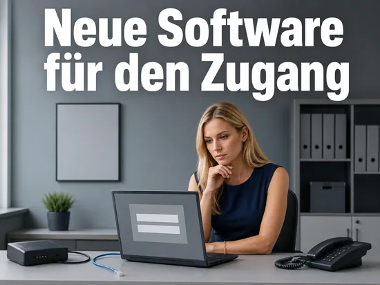 Laptop mit leerem Einwahlfenster neben einem Modem als Symbol fuer neue Zugangssoftware