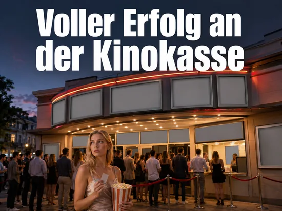 Beleuchteter Kinoeingang mit wartenden Besuchern als Symbol fuer einen Kassenerfolg
