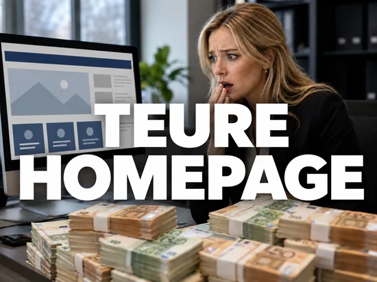 Ungläubig blickende Geschäftsfrau vor einem Bildschirm mit Webseite und Stapeln von Euro-Scheinen, Symbolbild für die millionenteure Homepage der Bundesagentur für Arbeit