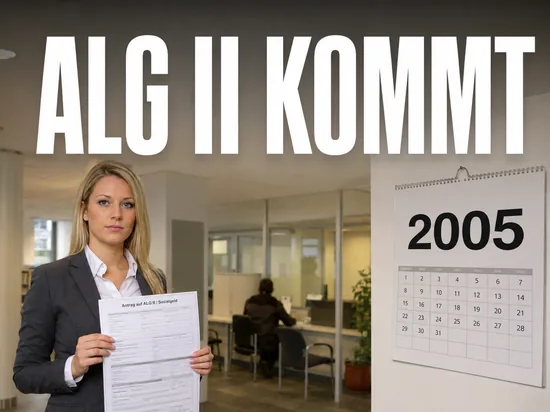 Arbeitslosengeld II startet 2005, Geschäftsfrau mit Antrag und Kalender 2005 vor dem Jobcenter