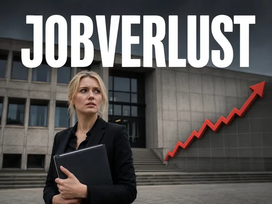 Besorgte blonde Frau mit Bewerbungsmappe vor Behoerdengebaeude und steigendem rotem Kursdiagramm, Symbolbild steigende Arbeitslosenzahlen