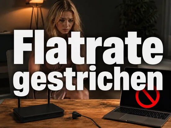 Ausgeschalteter DSL-Router mit gezogenem Netzstecker und Laptop mit rotem Verbotssymbol, davor eine Frau mit besorgtem Blick