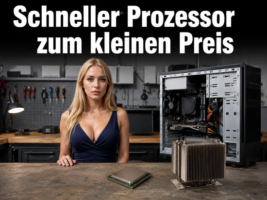 Frau an einer Werkbank mit Prozessor, Kühlkörper und offenem PC