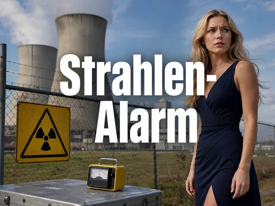 Kuehltuerme eines Atomkraftwerks mit gelbem Radioaktiv-Warnschild und Geigerzaehler, davor eine Frau mit besorgtem Blick