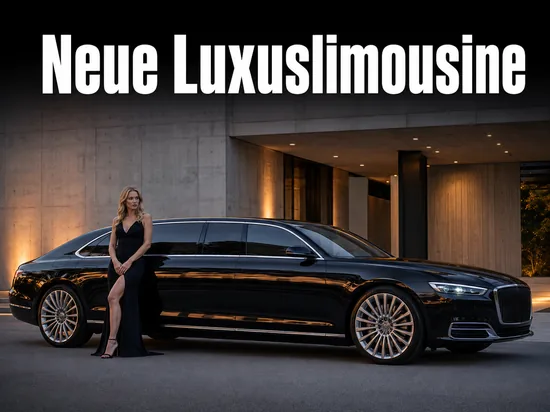 Dunkle Limousine der Oberklasse vor einer modernen Betonarchitektur