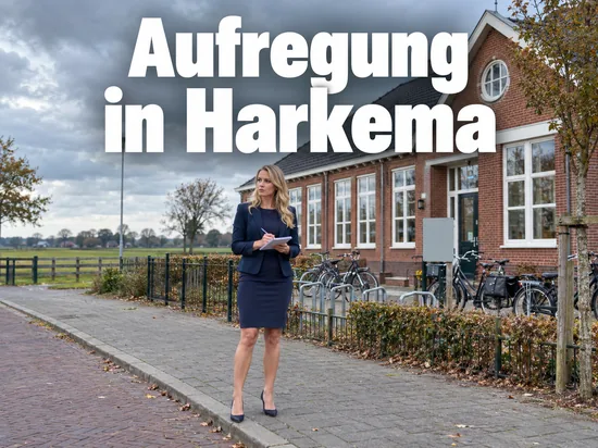 Reporterin mit Notizblock vor einer Backsteinschule in einem niederländischen Dorf, darüber der Schriftzug Aufregung in Harkema