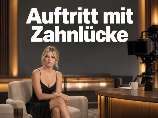 Frau im Gaestesessel eines Talkshow-Studios neben dem Moderatorentisch