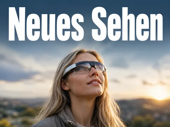 Junge blonde Frau mit einer modernen High-Tech-Brille blickt hoffnungsvoll nach oben als Symbol fuer eine Sehhilfe fuer Blinde