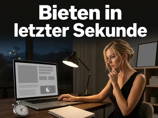 Frau am Laptop bei einer Online-Auktion mit Stoppuhr auf dem Schreibtisch