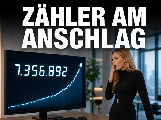 Blonde Frau staunt vor Monitor mit siebenstelligem Zugriffszaehler und steigender Kurve, Schriftzug Zaehler am Anschlag