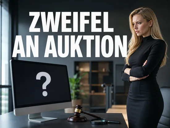 Blonde Frau prueft skeptisch Monitor mit beendeter Auktion und Fragezeichen neben Gerichtshammer und Lupe, Schriftzug Zweifel an Auktion