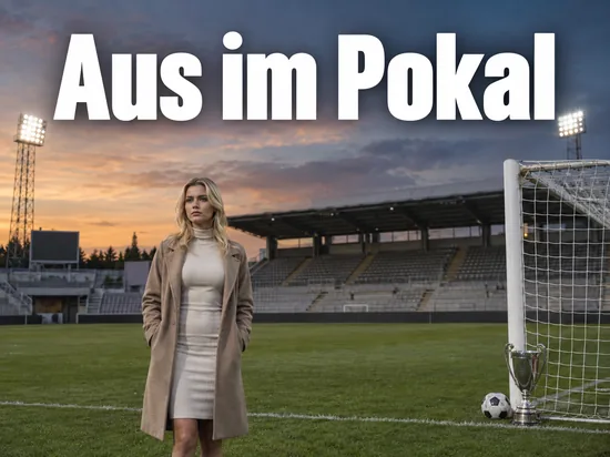 Leeres Stadion in der Abenddämmerung mit Fussballtor und Pokal, eine Frau im Mantel steht am Spielfeldrand