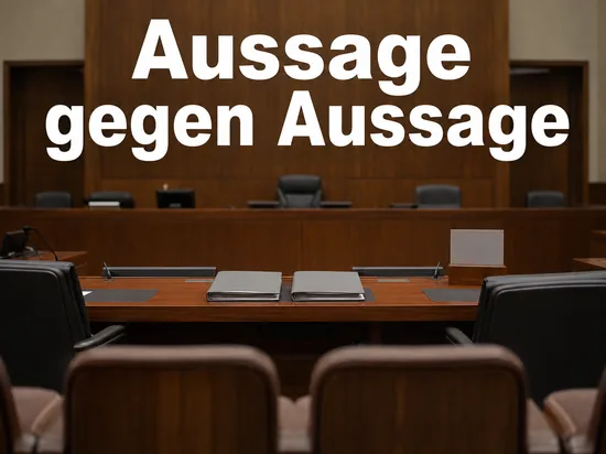 Verhandlungssaal mit zwei Aktenmappen auf dem Tisch der Verteidigung