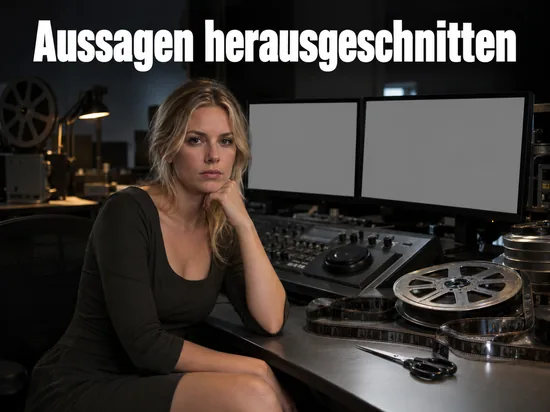 Frau an einem Schnittplatz mit Filmrolle, Filmstreifen und Schere
