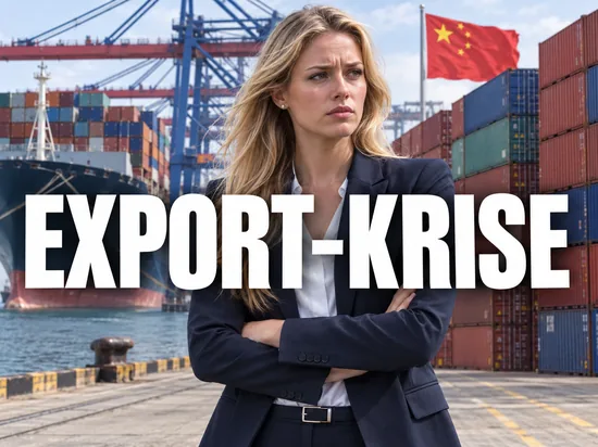 Blonde Geschaeftsfrau vor Containerhafen, Symbolbild Export-Krise mit China