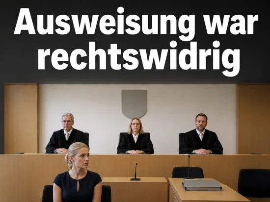 Verhandlungssaal eines Verwaltungsgerichts mit Richterbank und Aktenmappe