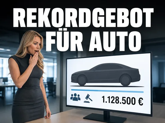 Blonde Frau staunt vor Monitor mit Fahrzeug-Auktion und sehr hohem Gebot, Schriftzug Rekordgebot fuer Auto