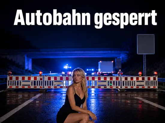Naechtlich gesperrte Autobahn mit Absperrbaken und Blaulicht der Einsatzfahrzeuge