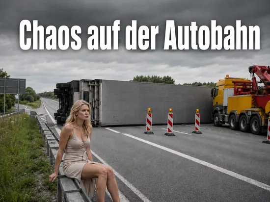 Gesperrte Autobahn mit umgekipptem LKW-Anhänger und einem Bergungsfahrzeug
