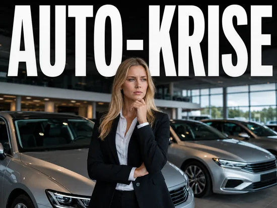 Blonde Geschaeftsfrau vor Neuwagen im Autohaus, Symbolbild Autokrise