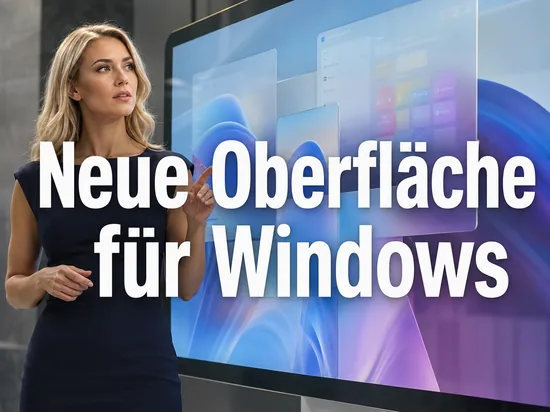 Geschaeftsfrau vor einem grossen Bildschirm mit moderner glaenzender Benutzeroberflaeche aus schwebenden Fenstern als Symbol fuer ein neues Praesentations-Subsystem von Windows